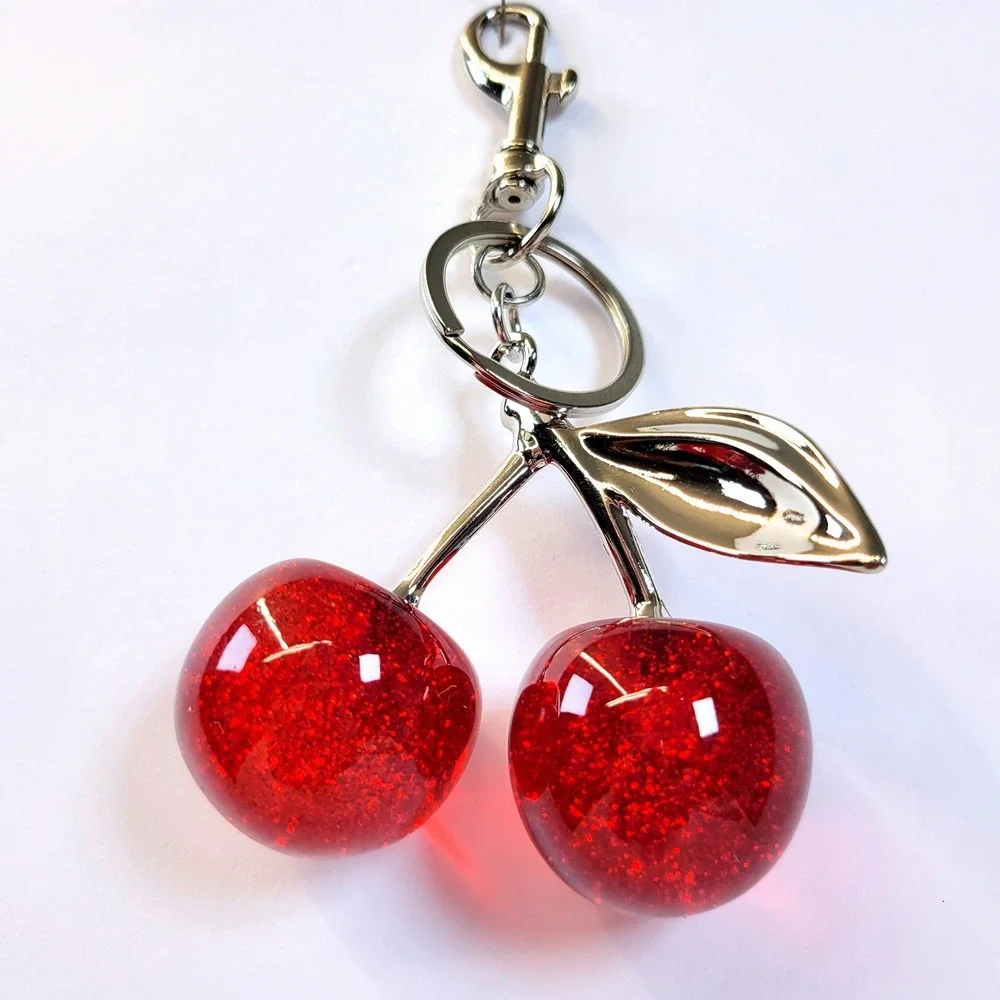 Bag Charm- Keychain Glitter Resin Double Cherry Red Women Rockabilly Kawaii Fun